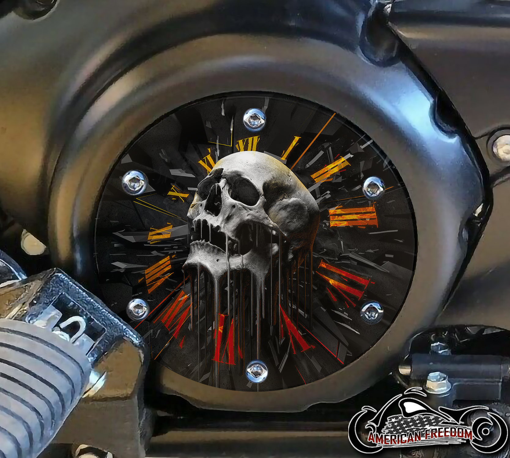 SUZUKI M109R Derby/Engine Cover - Skull Clock (Orange)